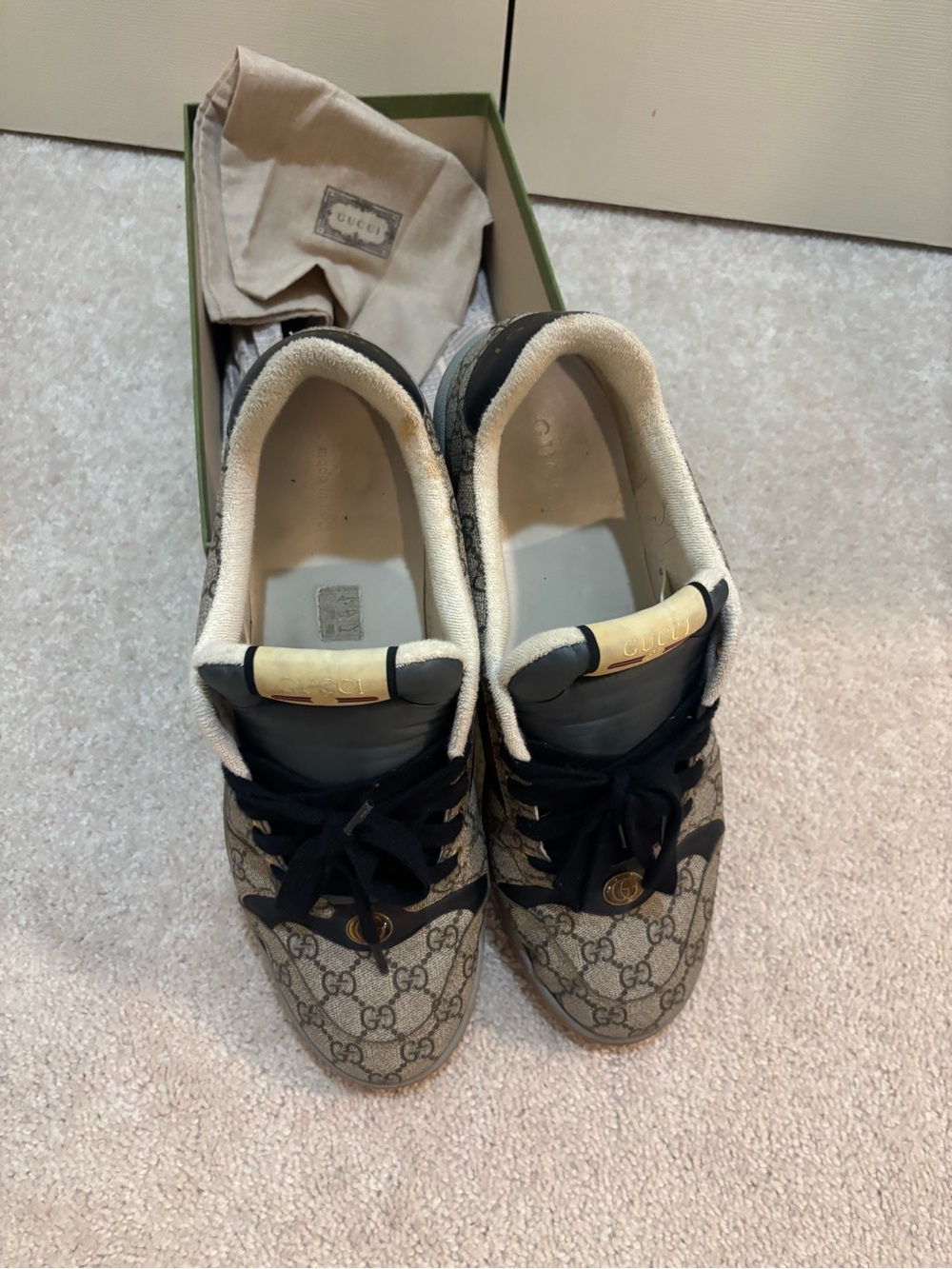 Gucci Beige GG Monogram Sneakers with Black Accents and Gold Hardware